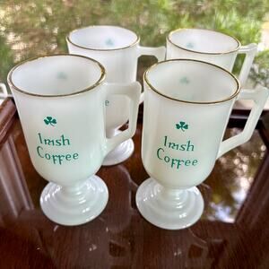 Vintage Irish Coffee Milk Glass Mugs Set of 4 Gold Rim, St. Patrick's Day